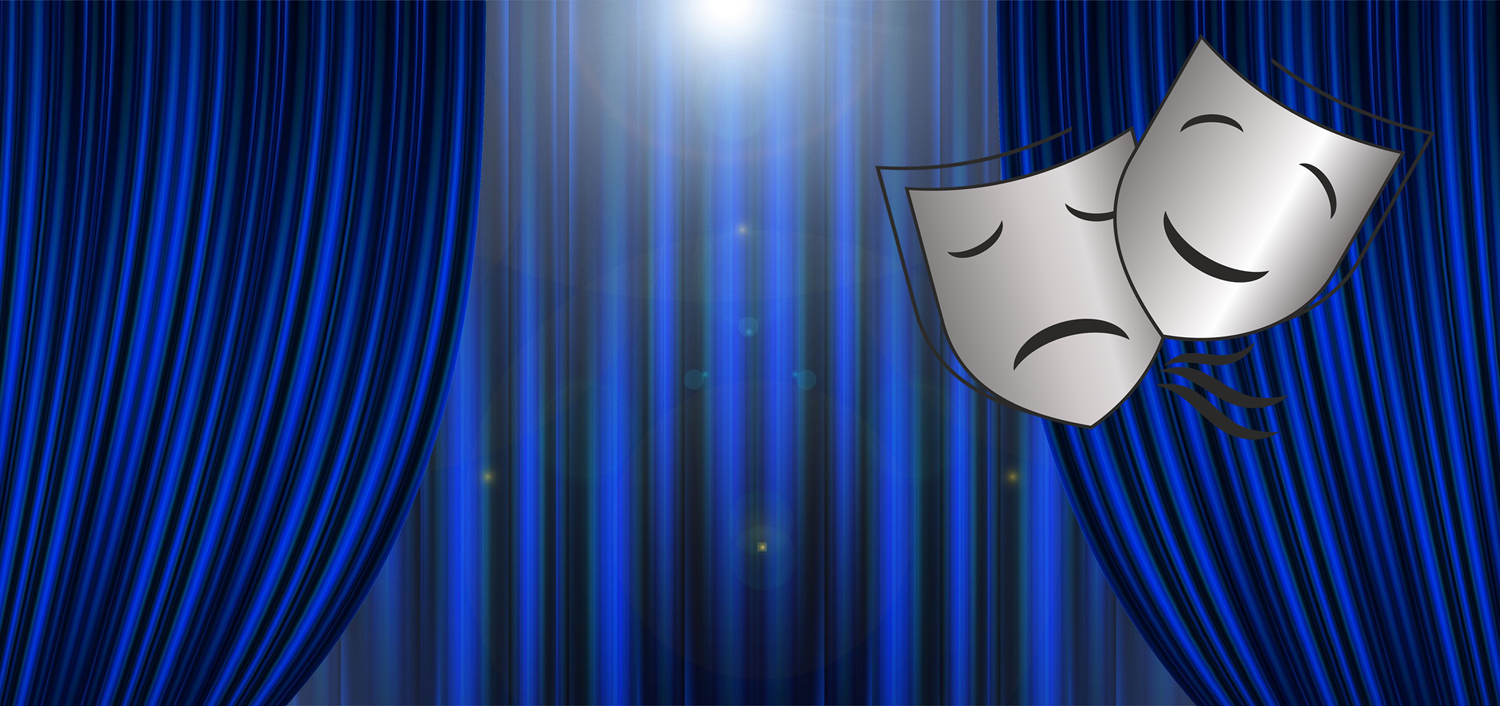 Sininen teatteriverho ja kulmassa surullinen/iloinen -teatterimaskit