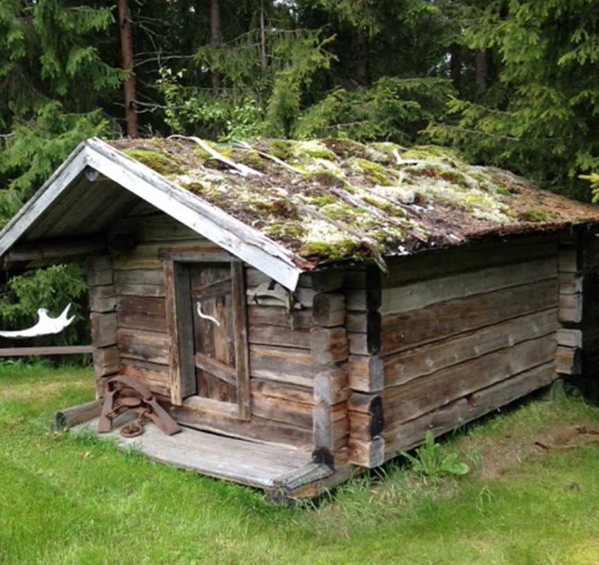 Kuvassa harmaa mökki tai aitta Lapissa. 