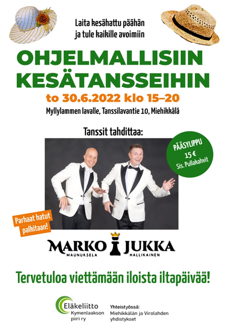 Ohjelmallist kesätanssit Myllylammen lavalla Miehikkälässä, mainos