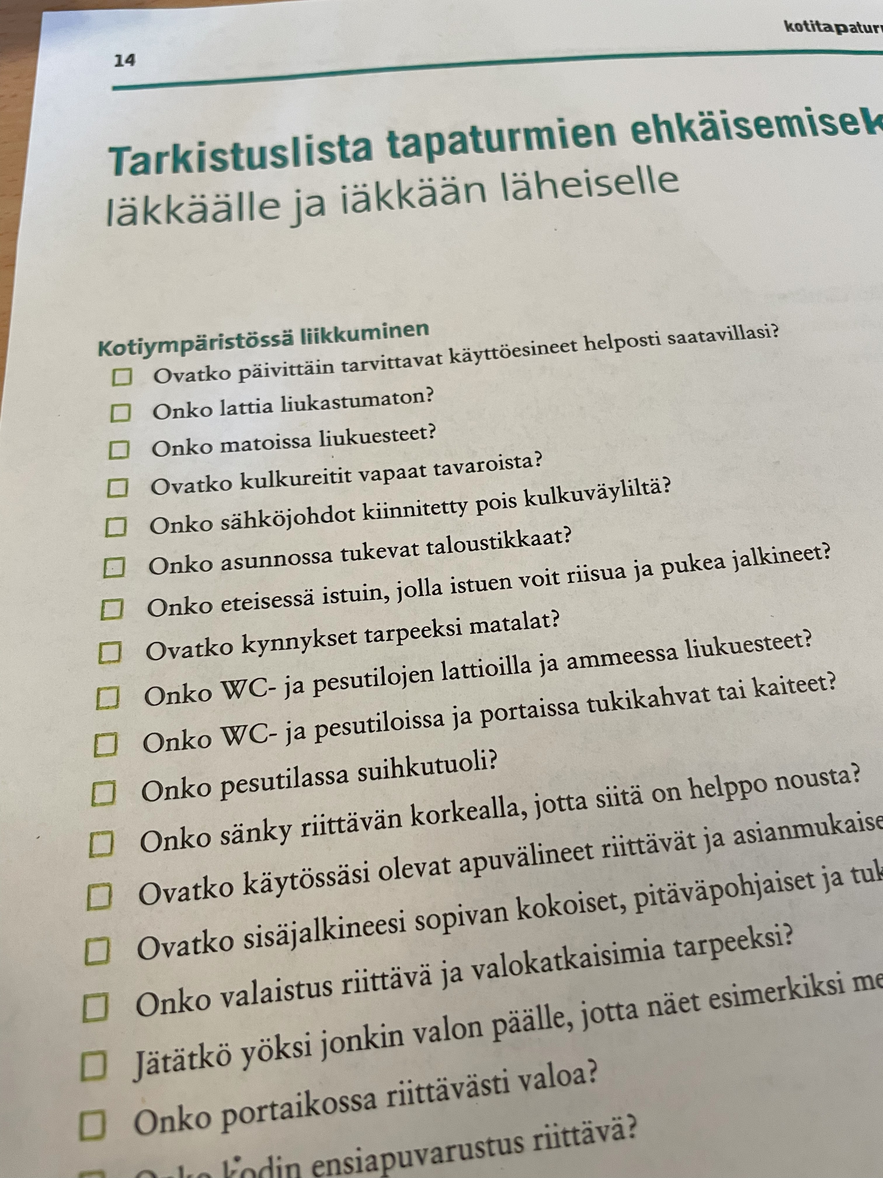 Tarkistuslista tapaturmien ehkäisemiseksi