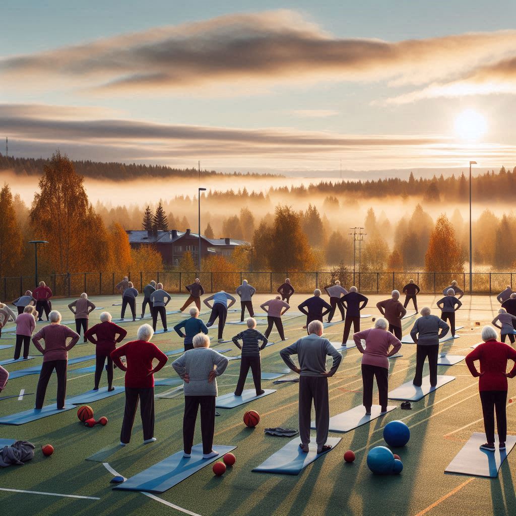 Seniorit aamuvoimistelee urheilukentällä
