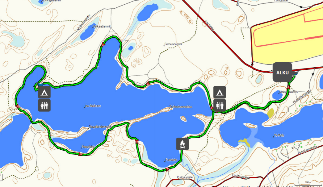 Kartta Melkutin patikkareitistä järven ympäri
