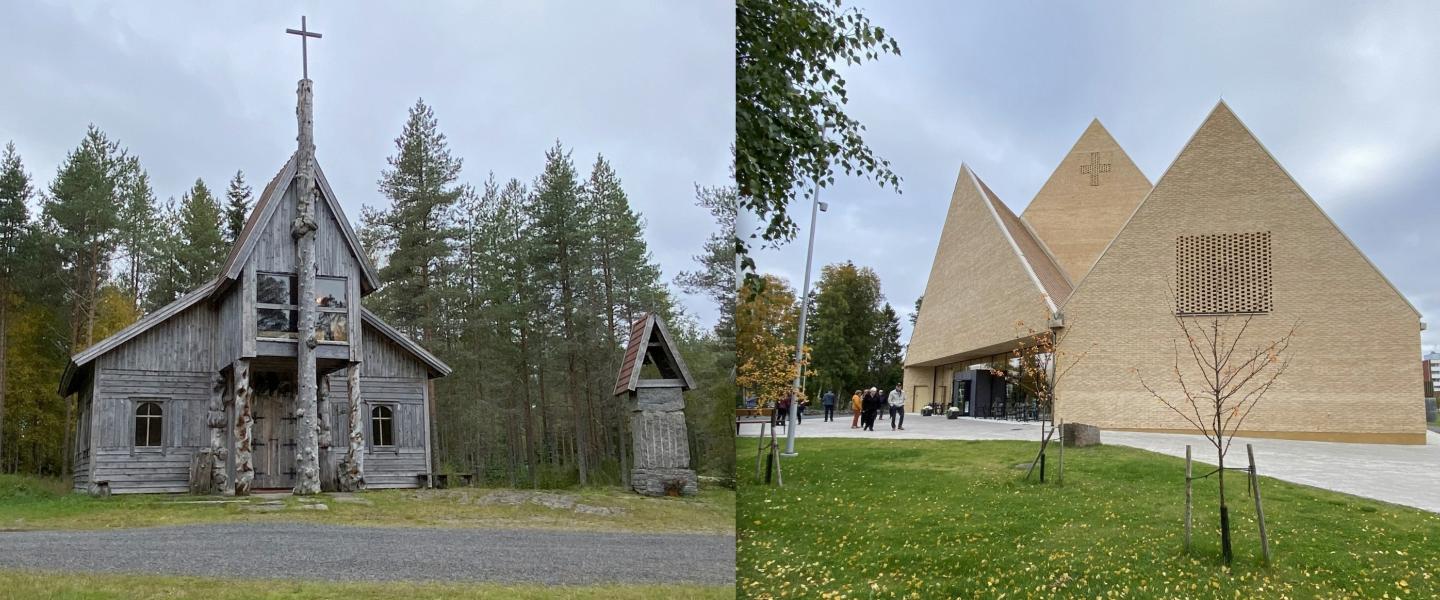 Kaksi kirkkorakennusta vierekkäin yhdistetty kahdesta kuvasta