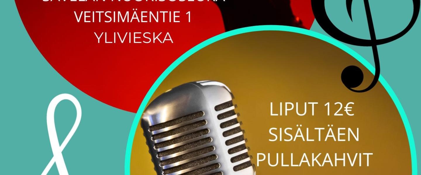 Punainen ja ruskea ympyrä, joissa mikrofonit
