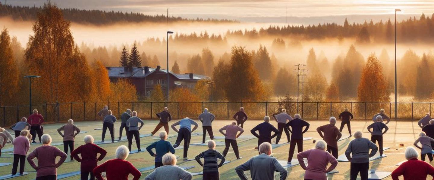 Seniorit aamuvoimistelee urheilukentällä