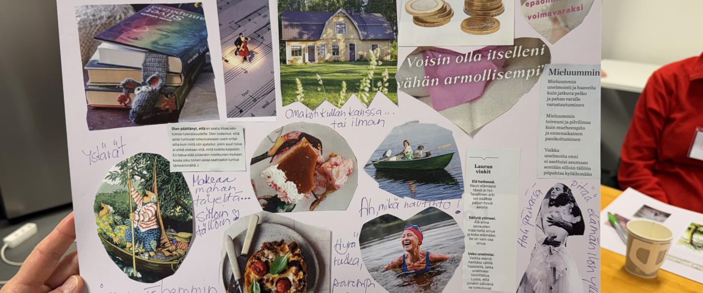 Kädet pitävät unelmakartta-kuvaa, jossa on värikkäitä leikekuvia ja kunkin vierellä pienellä käsin kirjoitettua ekstiä.
